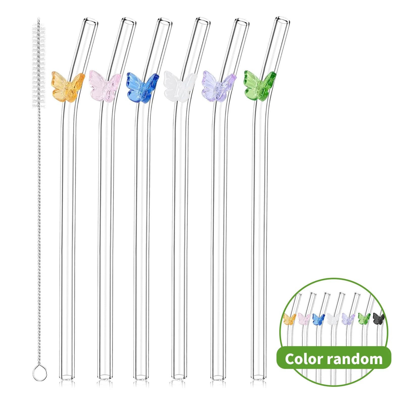 7PCS Reusable Bow Glass Straws, Cute Bow Glass Straw with Cleaning Brush for Coffee Lover, Smoothies, Frozen Drinks, Tea, Juice