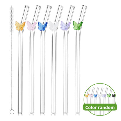 7PCS Reusable Bow Glass Straws, Cute Bow Glass Straw with Cleaning Brush for Coffee Lover, Smoothies, Frozen Drinks, Tea, Juice