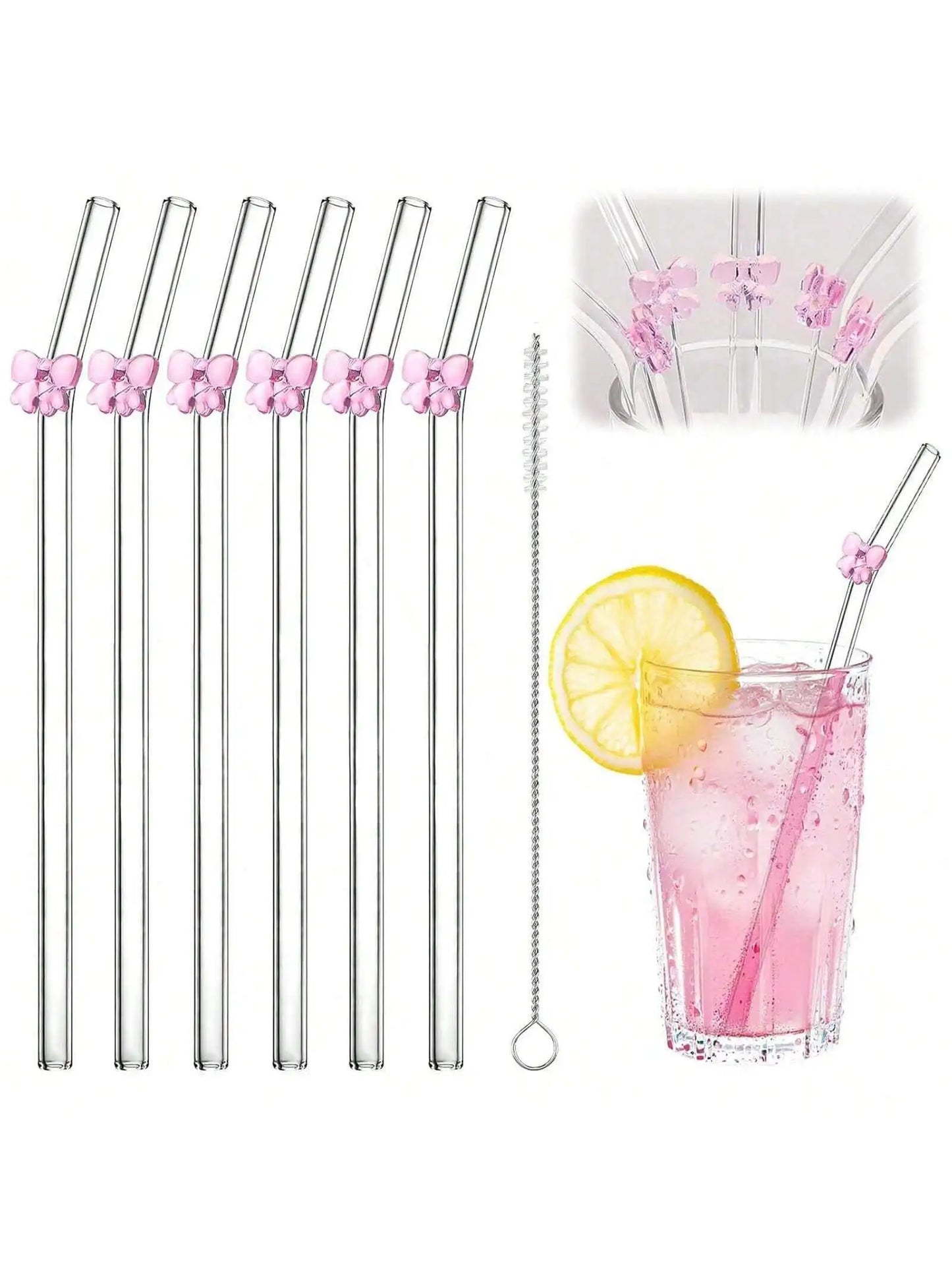 7PCS Reusable Bow Glass Straws, Cute Bow Glass Straw with Cleaning Brush for Coffee Lover, Smoothies, Frozen Drinks, Tea, Juice