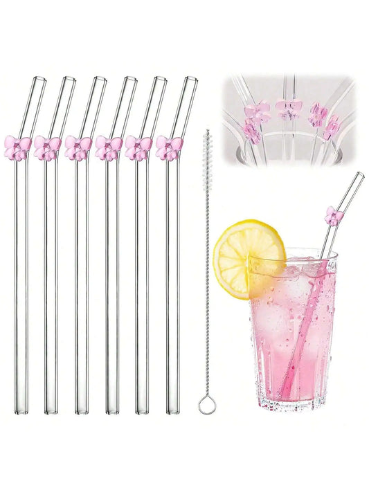 7PCS Reusable Bow Glass Straws, Cute Bow Glass Straw with Cleaning Brush for Coffee Lover, Smoothies, Frozen Drinks, Tea, Juice