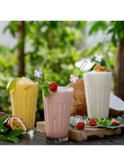 7PCS Reusable Bow Glass Straws, Cute Bow Glass Straw with Cleaning Brush for Coffee Lover, Smoothies, Frozen Drinks, Tea, Juice