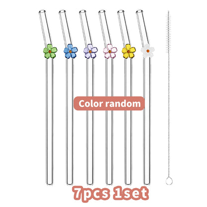7PCS Reusable Bow Glass Straws, Cute Bow Glass Straw with Cleaning Brush for Coffee Lover, Smoothies, Frozen Drinks, Tea, Juice