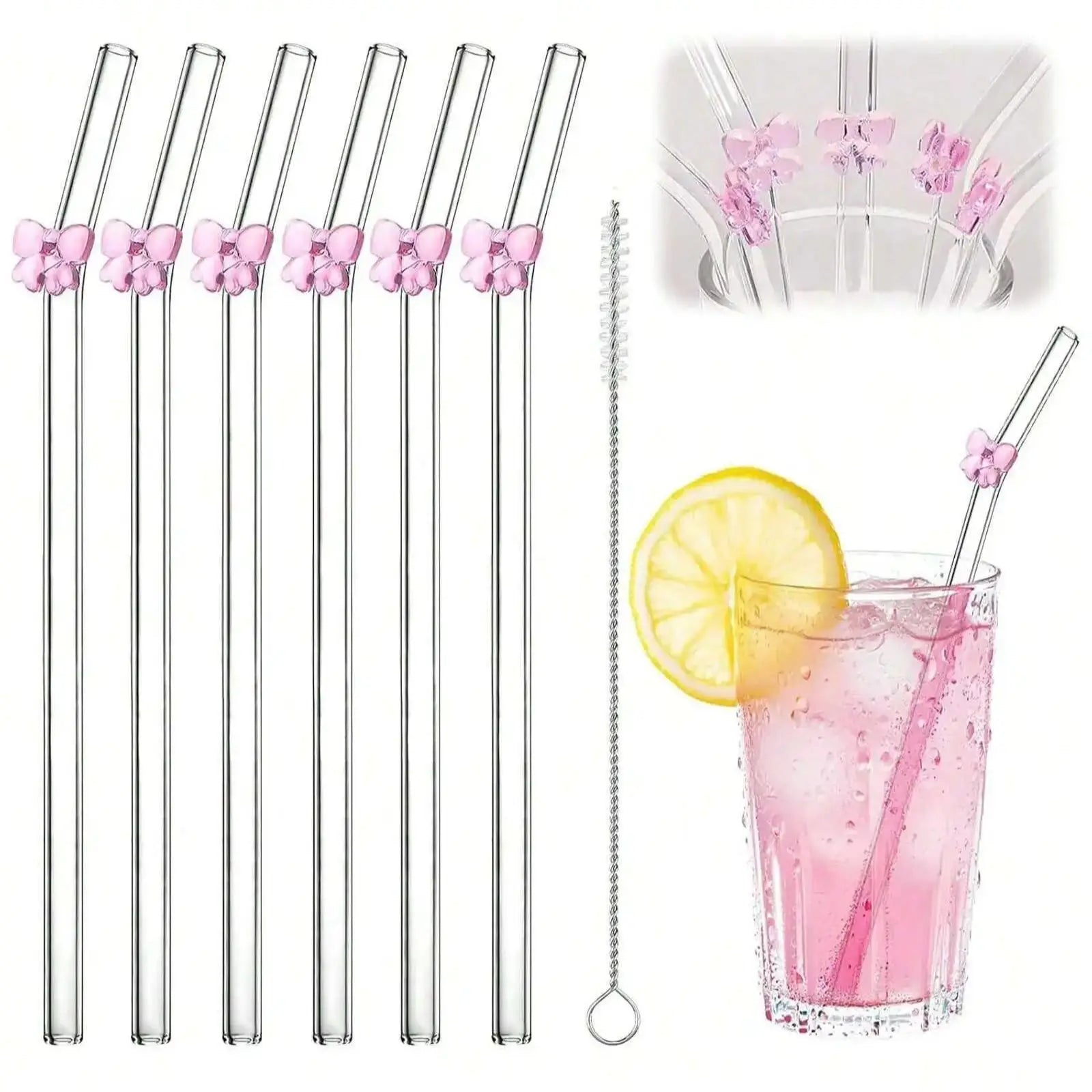 7PCS Reusable Bow Glass Straws, Cute Bow Glass Straw with Cleaning Brush for Coffee Lover, Smoothies, Frozen Drinks, Tea, Juice