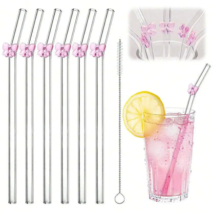 7PCS Reusable Bow Glass Straws, Cute Bow Glass Straw with Cleaning Brush for Coffee Lover, Smoothies, Frozen Drinks, Tea, Juice